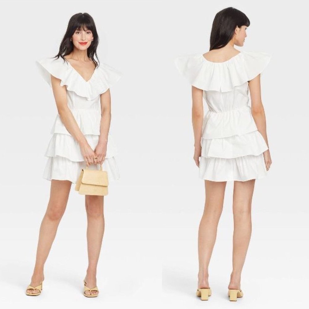 A New Day Women Dress XL Mini White Ruffle Multi Tiered Flutter Short Sleeve New
